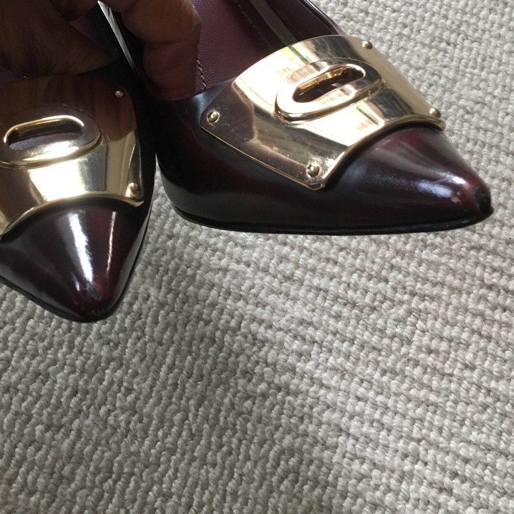 Coach Burgundy Patent Pointed-Toe Pumps with Gold Toe Plate - Picture 9 of 13